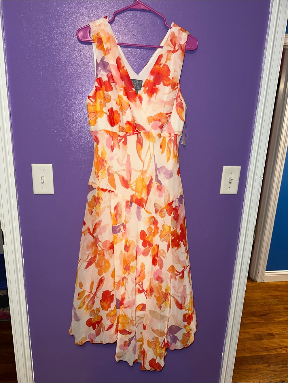 Rabbit Rabbit Rabbit Floral V‑Neck Midi Dress in Pink, Orange & Cream